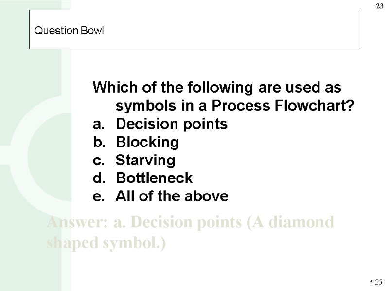 Question Bowl Which of the following are used as symbols in a Process Flowchart?